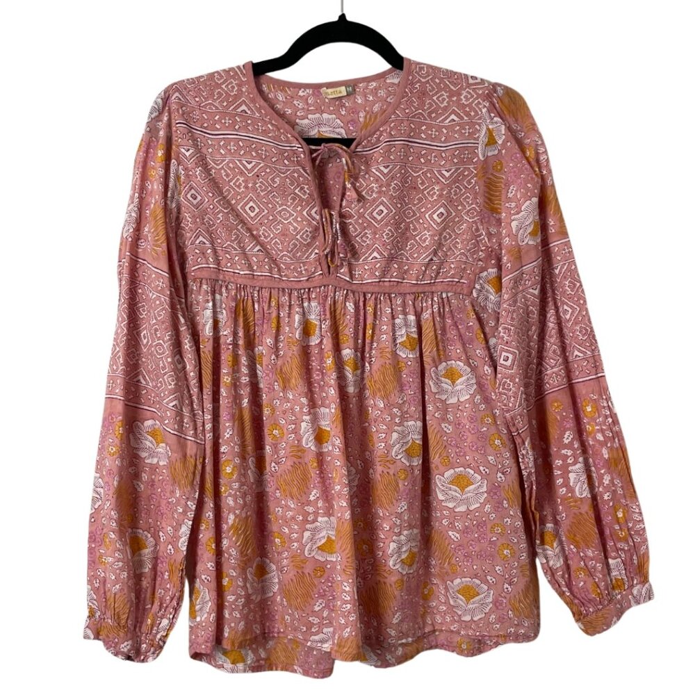 Matta Yamini Booj Blouse Top Size Medium Pink Floral Boho Print 100% Cotton